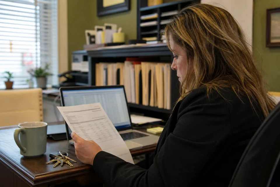 Property manager reviewing a bank statement against a rent roll on a laptop in a leasing office