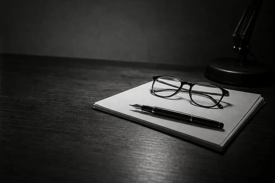 Reading glasses and a pen on a sheet under a desk lamp