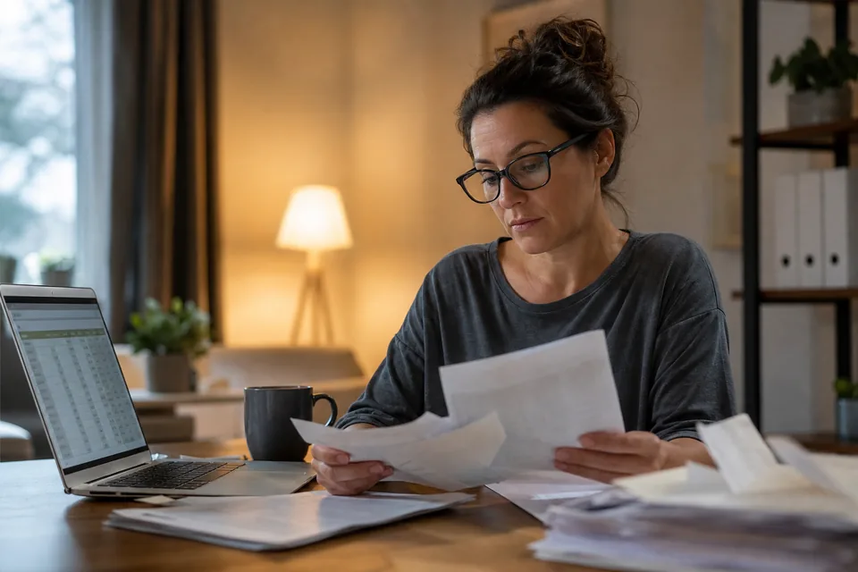 Bookkeeper at a home office desk with a spreadsheet open and a stack of bank statements