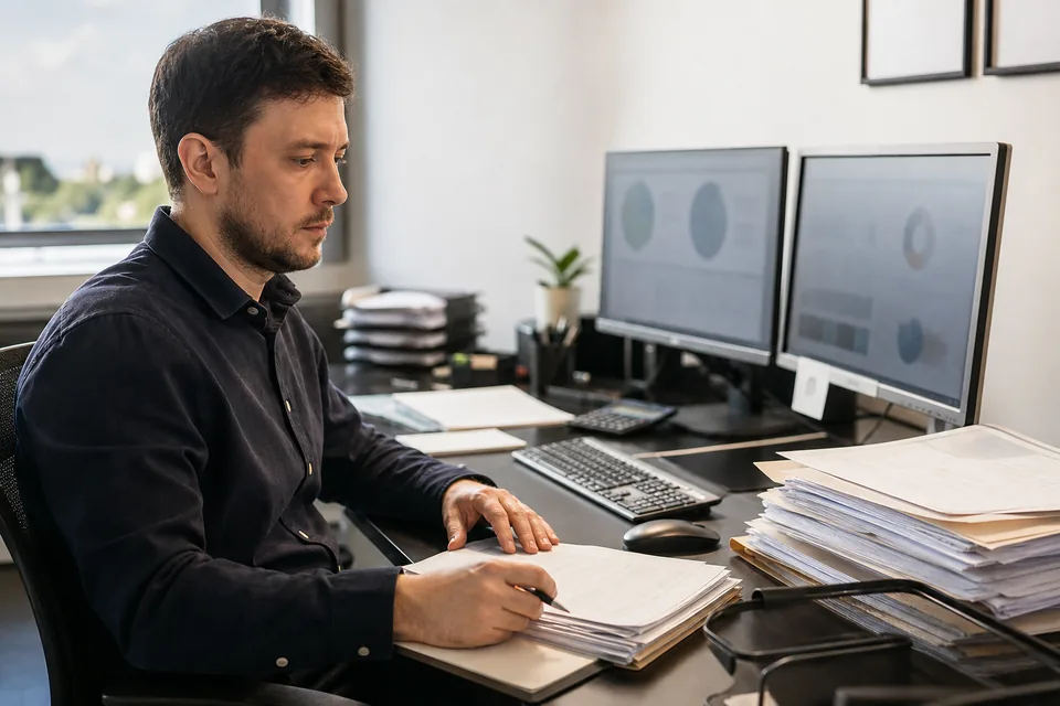 Bookkeeper at an accounting firm desk with client folders of bank statements and two monitors