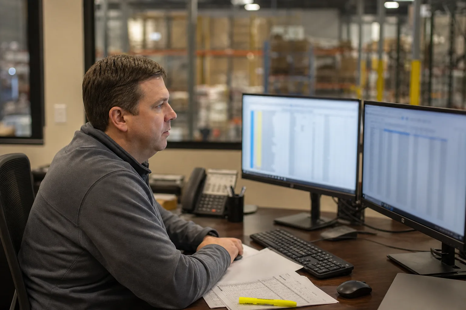 Controller in a warehouse office comparing a printed bank statement with ledger columns on two monitors