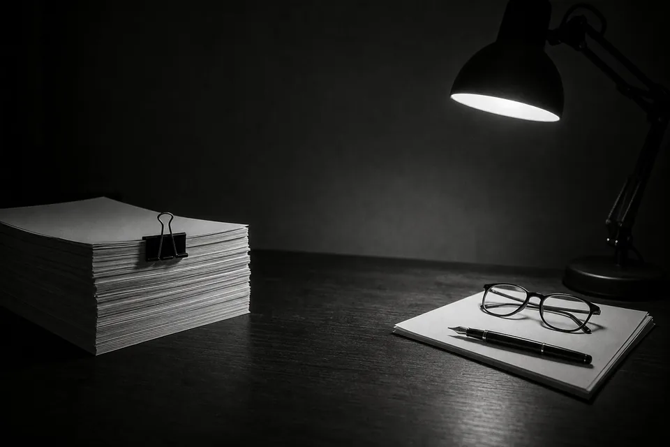 Stacked papers, a fountain pen and reading glasses on a dark desk