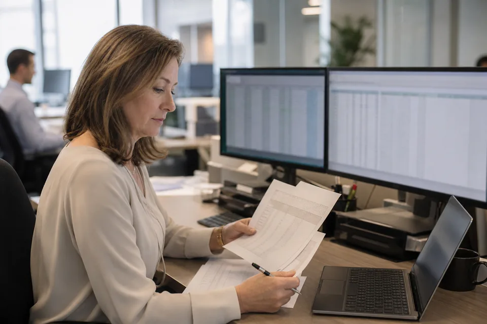 Controller at a corporate finance desk comparing printed bank statements with ledger data on two monitors