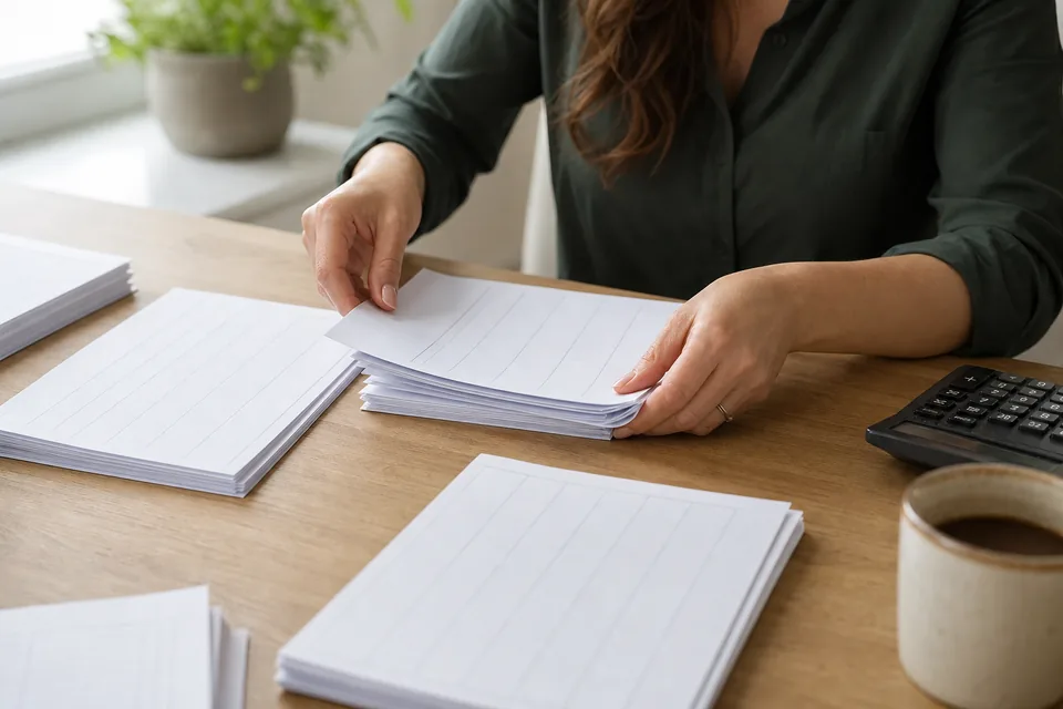 Bookkeeper sorting customer invoices on a desk