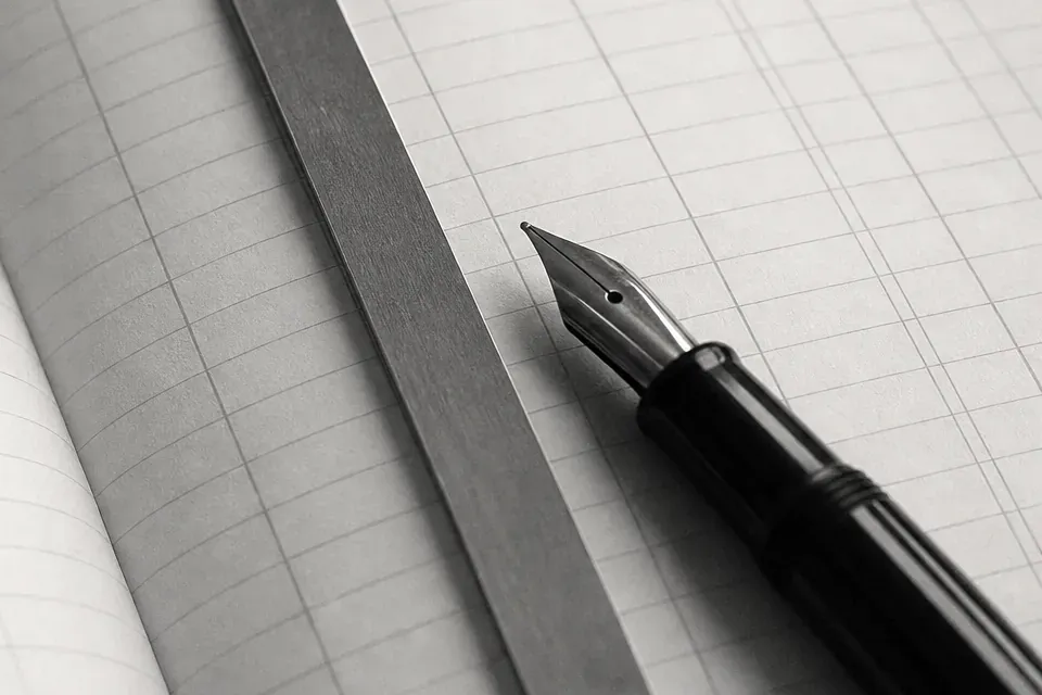 Open ledger book with a ruler and a fountain pen