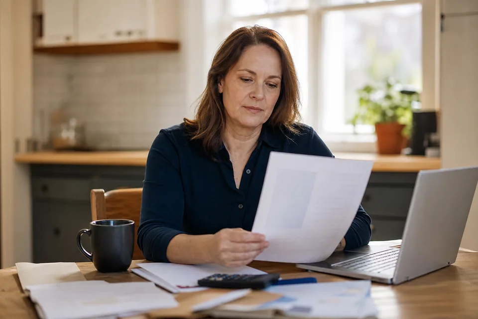 Business owner reviewing a printed bookkeeping quote with a calculator and laptop