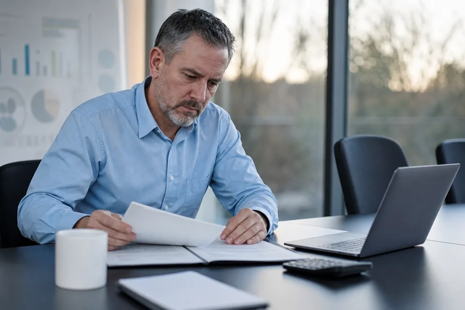 Finance director reviewing a printed software quote next to a laptop and calculator