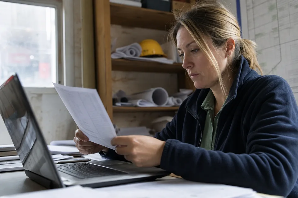 Accountant in a construction company site office reviewing a bank statement next to rolled blueprints and a laptop