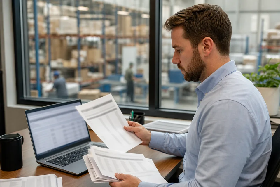 Controller at a distribution company reviewing bank statements next to a warehouse window