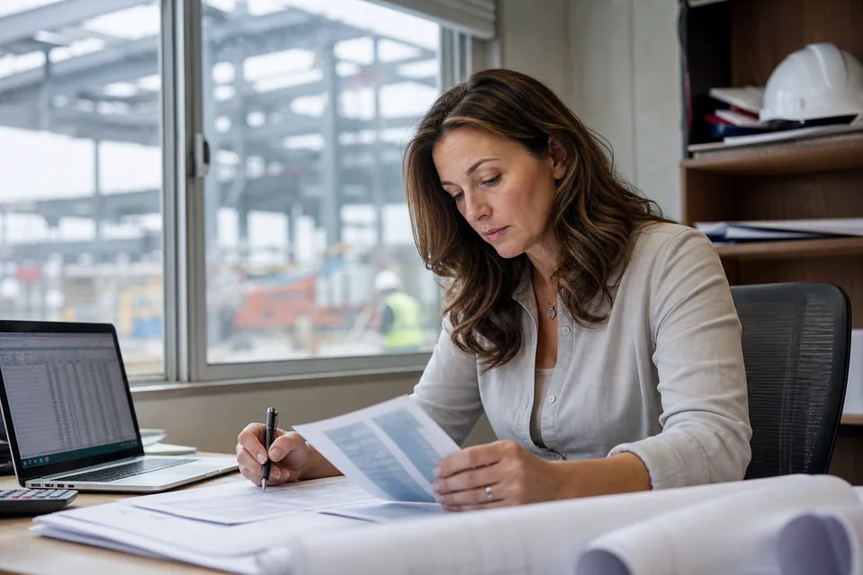 Project accountant in a construction site office comparing a printed bank statement with ledger columns on a laptop