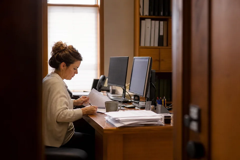 Small business controller at a desk reconciling the month end close with a coffee and paper statements