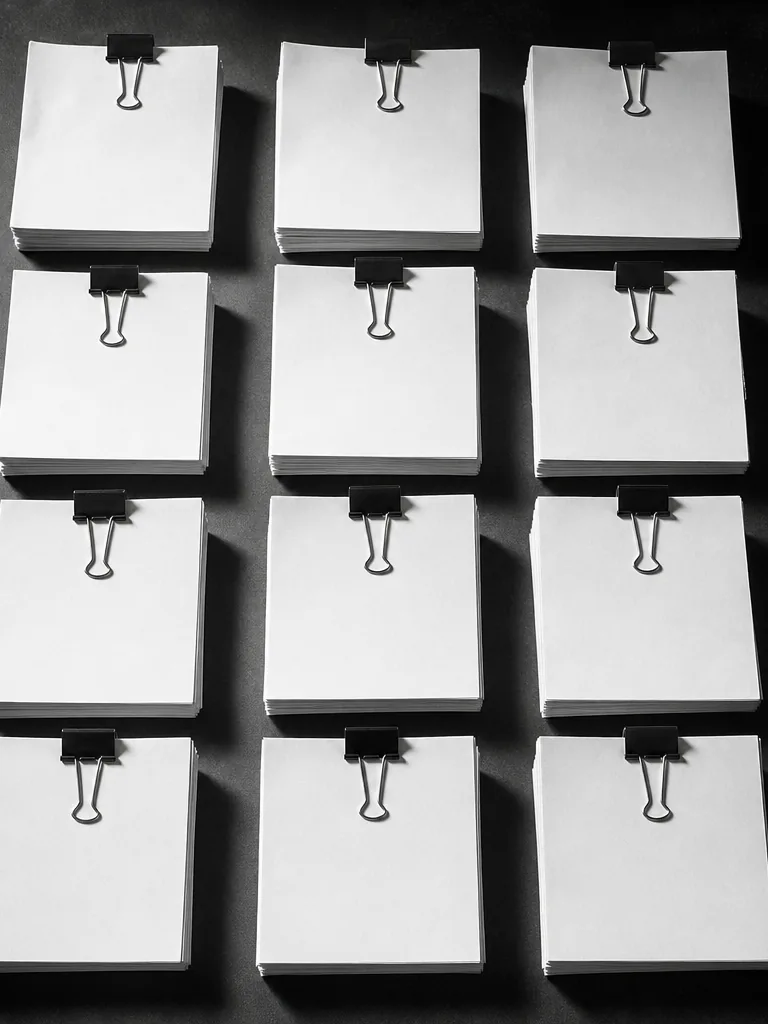 Stacks of monthly bank statements held with binder clips, seen from above
